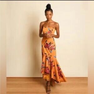 Hutch Mustard Floral High-Low Strapless Dress